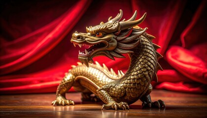 Fototapeta premium An Ornate Ceramic Dragon Figurine Displayed with a Rich Red Background
