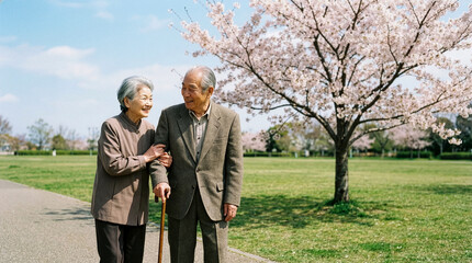 桜の下で散歩する笑顔の老夫婦