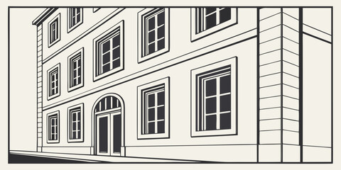 A detailed illustration of a three-story building with a symmetrical facade