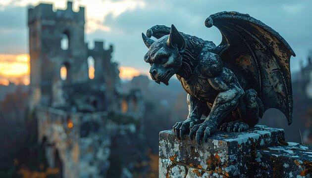 Ancient stone gargoyle guardian perched on a castle parapet at dusk, weathered sculpture.