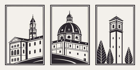 Three distinct architectural buildings showcasing historical and cultural heritage