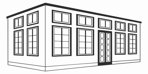 A modern building with large windows and a central entrance