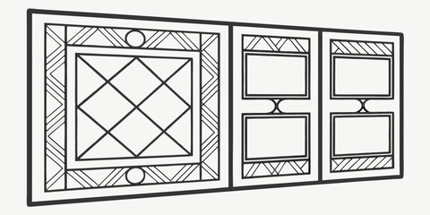 A vintage window with intricate designs and a view of a building's facade.