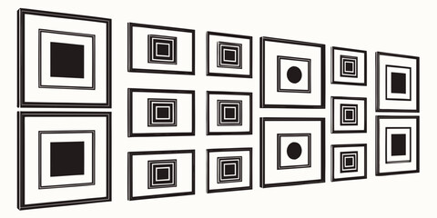 A collection of various geometric shapes arranged in a grid pattern on a wall