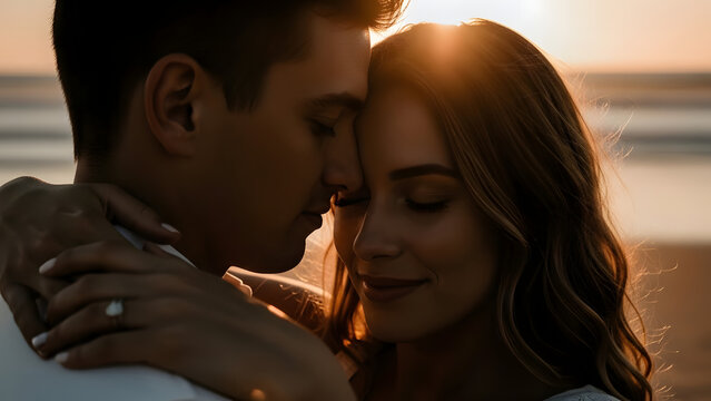 Romantic couple embracing on beach, sunset love, tender moment, affectionate pair
