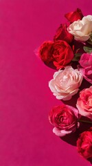 Obraz premium Flat lay of red and pink roses on bold magenta background with soft shadows Generative AI