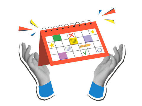 Black and white hand holding a red paper calendar with marks in it. Time management and scheduling concept. Modern collage style. Illustration on a transparent background