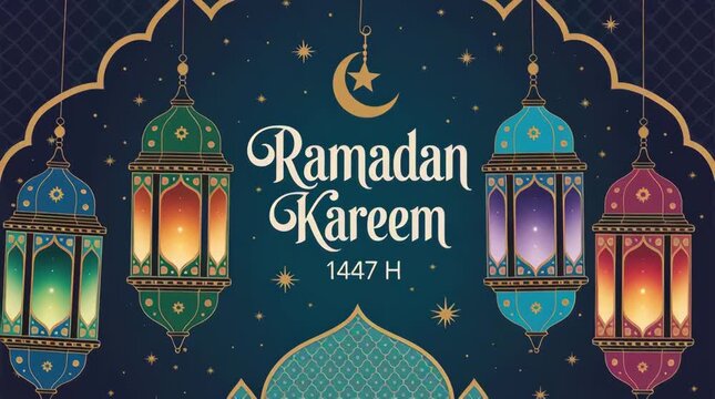 Ramadan Kareem greeting card with lanterns and crescent moon.