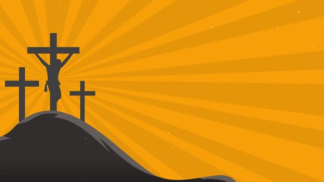 Horizontal Christian Easter Background. Silhouette of Crucifixion on Calvary Hill with Sunburst for Good Friday Worship Screens