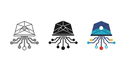Three stylized jellyfish logos with varying color schemes and line work Vector © HelloStock