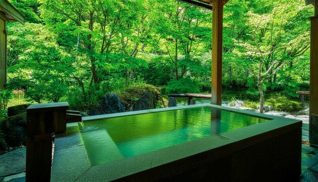 新緑の美しい木々に囲まれた静寂な和風の露天風呂