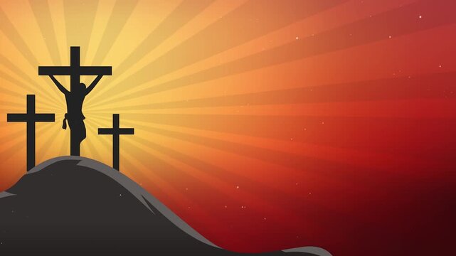 Horizontal Christian Easter Background. Silhouette of Crucifixion on Calvary Hill with Sunburst for Good Friday Worship Screens