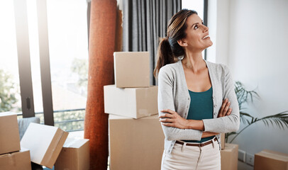 Moving, smile and thinking with woman in new home for relocation, property investment and vision....