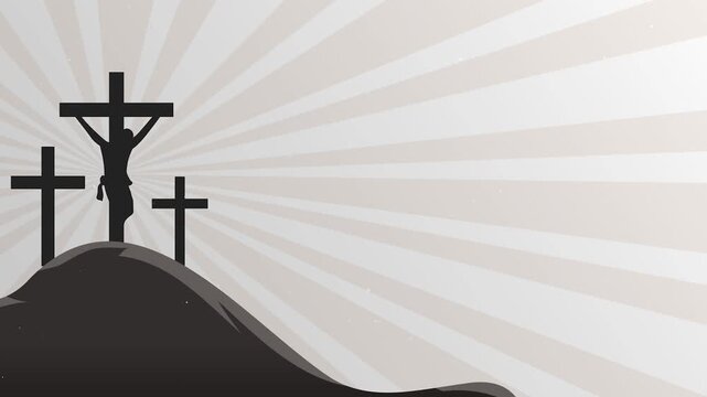 Horizontal Christian Easter Background. Silhouette of Crucifixion on Calvary Hill with Sunburst for Good Friday Worship Screens