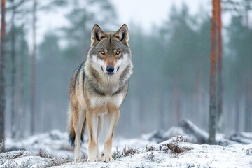 Obraz premium Wolf in alert pose amidst snowy forest under overcast sky Generative AI