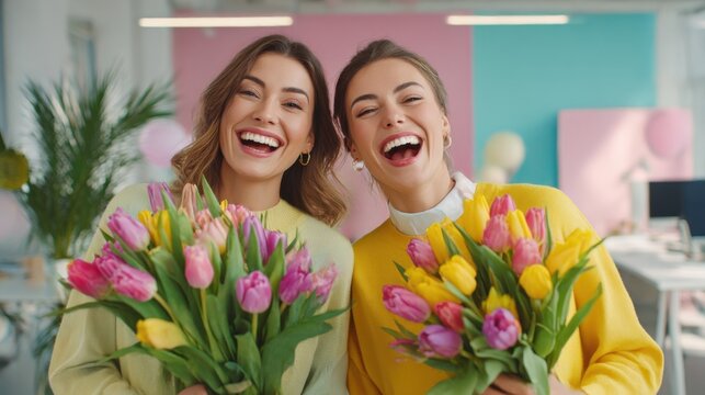 Two women smiling and holding tulip bouquets in bright office Generative AI