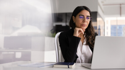 Serious mature businesswoman, company head, reviewing financial report, marketing strategy seated at table with laptop, horizontal image. Professionalism, modern, innovative AI tech usage in business © fizkes