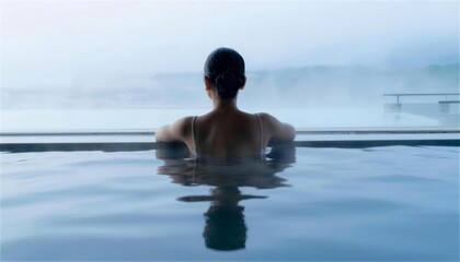 Fototapeta premium 朝靄に包まれた静寂な露天風呂でリラックスする女性の後ろ姿