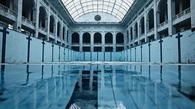 Underwater view of an abandoned swimming pool with dirty water and debris, showing a desolate and eerie atmosphere.