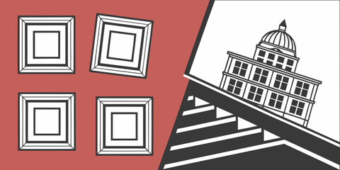 A white building with a dome and columns stands on a staircase, with four white squares on a red background. © all video