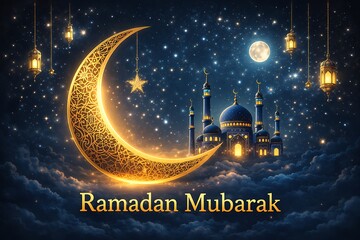 Ramadan mubarak greeting with crescent moon and mosque on cloudy night sky