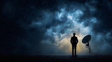 Fototapeta premium Lone Figure Amidst the Storm: A silhouette of a solitary figure stands gazing towards a stormy sky, next to a large satellite dish, set against a backdrop of brooding clouds.