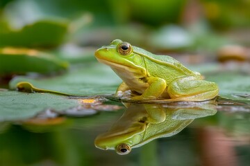 Frog resting on lily pad with reflections in calm water during a sunny day Generative AI