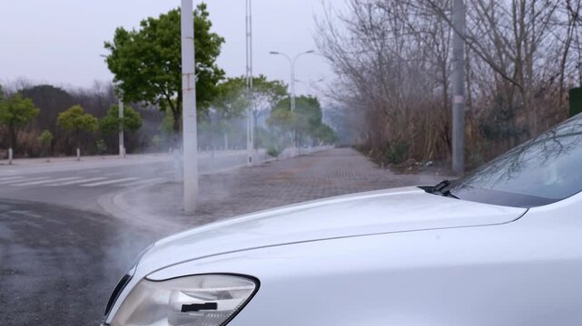 Vertical - The car engine overheats and steams. The damaged engine keeps blowing white smoke.