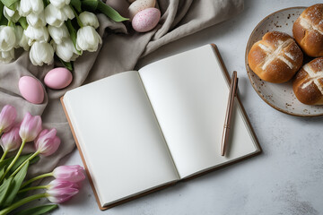An open notebook with white blank pages on a table surrounded by white and pink tulips, Easter eggs and Easter buns
