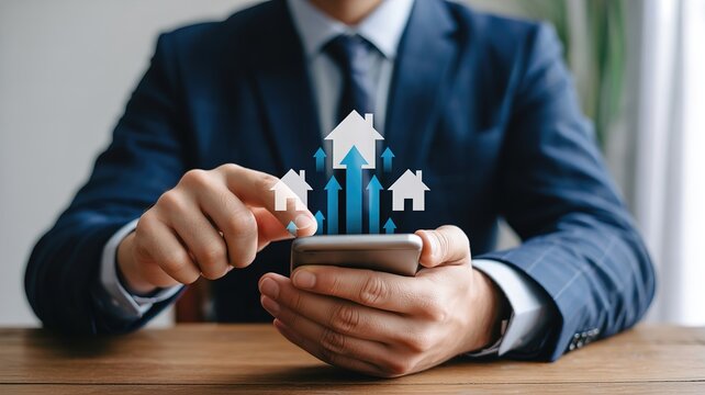 Businessman analyzing real estate market trends on smartphone