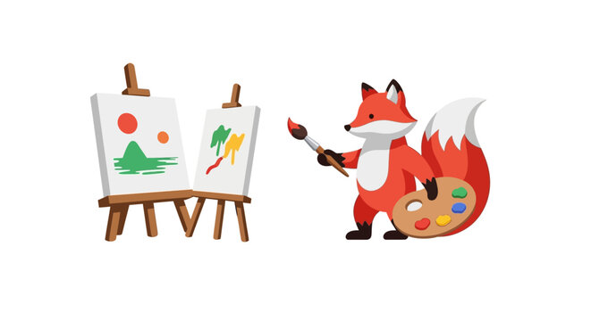 Fox holding paintbrush and painting.