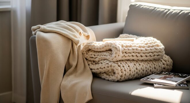 Cozy cream-colored knitted blankets and a ribbed sweater dd on a plush sofa with magazines nearby, evoking comfort and relaxation.