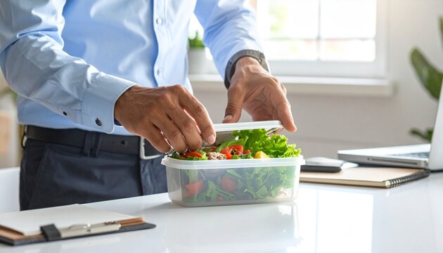 A man preparing a healthy meal at his office desk with a container of fresh salad