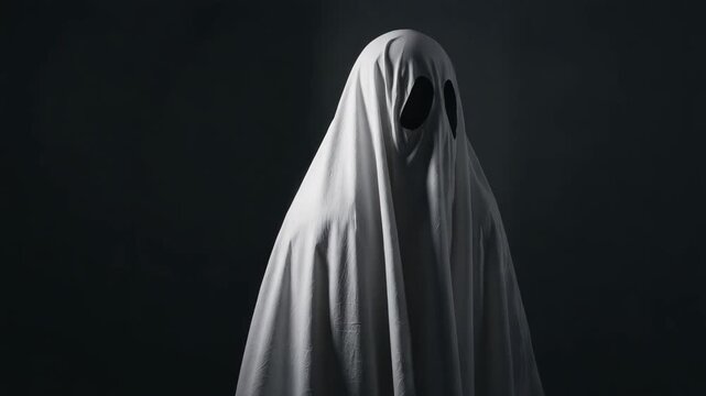 Eerie spooky ghost costume white sheet with hollow dark eyeholes floating moody halloween lighting