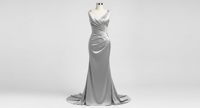 Elegant silver satin evening gown with dd bodice and flowing train on a mannequin