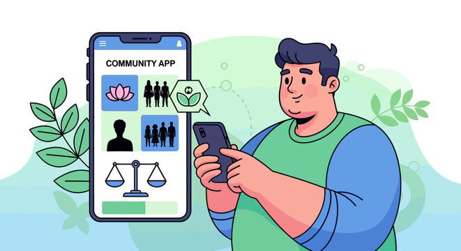 Community app on phone with user and nature elements