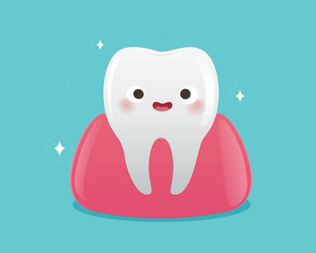 Cartoon white tooth smiling with clean enamel and healthy gums, symbolizing good oral hygiene, dental care, confidence, and positive healthcare results.