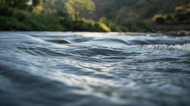 Gentle river surface with soft sunlight and shallow ripples flowing through blurred riverside