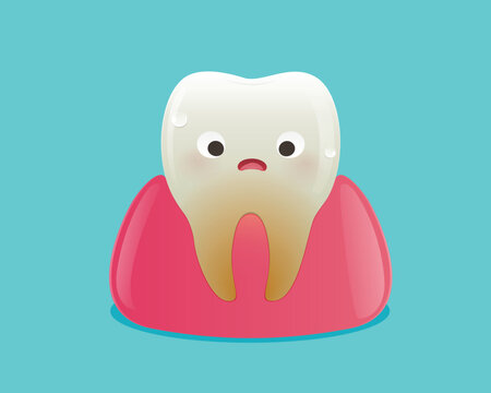 Cartoon yellow tooth showing discoloration and sadness caused by poor oral hygiene and plaque buildup, representing dental problems and the importance of proper care.