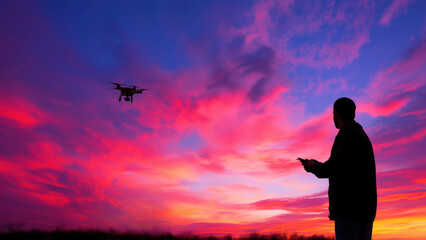 Fototapeta premium Person controls a drone against a stunning sunset sky, generated AI
