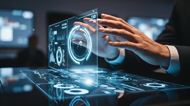 Hands interacting with a futuristic holographic interface with data visualization elements