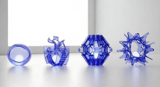 Four blue glass sculptures on white surface near window