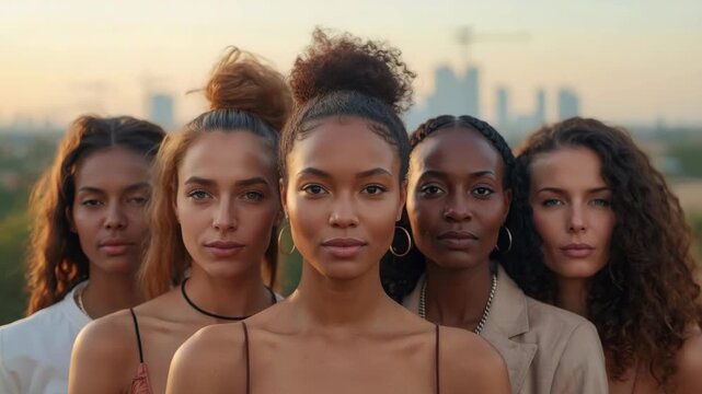 Diverse women portrait outdoors at sunset skyline. confident united golden hour gathering