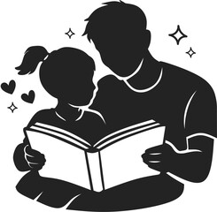 Father and daughter reading book silhouette. Family education and storytelling time icon
