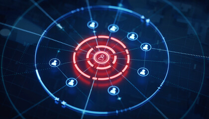 A futuristic concept of a network or system. A central hub connected to multiple nodes, with a glowing radar-like design.