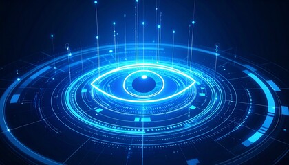 Intricate digital eye design with glowing blue light, depicting a concept of technology and data analysis