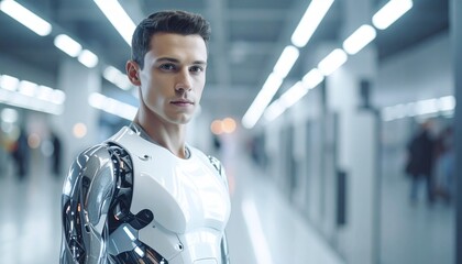 A human-like robot with metallic arms and chest is standing, staring intently at the camera