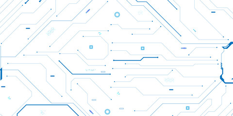 Futuristic HUD frame on circuit board white background. Connected lines with electronic elements. © Zero Degree