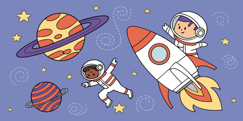 A vibrant illustration of astronauts exploring space with planets and rockets © Sk
