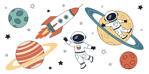 Astronauts and planets explore the solar system in a whimsical illustration © Sk